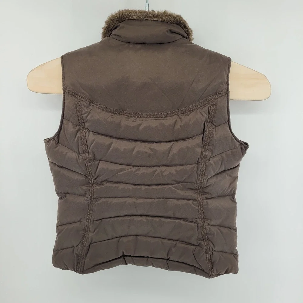 Eddie Bauer Womens Goose Down Puffer Vest Large Brown‎ Faux Fur Trim Collar